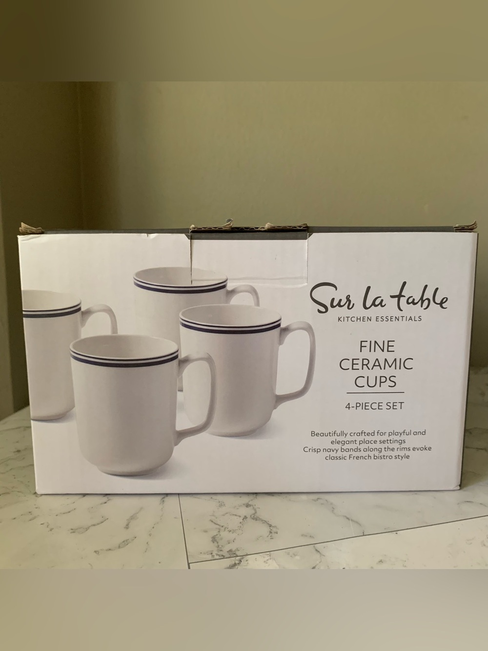 Sur La Table Blue Rim Bistro Style Fine Ceramic Cups/ Mugs Set of 4 - 14 Oz Each
